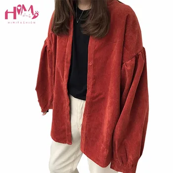 

Autumn Spring New Korean Style Corduroy Lantern Sleeve Loose Jackets Fashion Arbitrary Combination Solid Casual Brief Long Coat