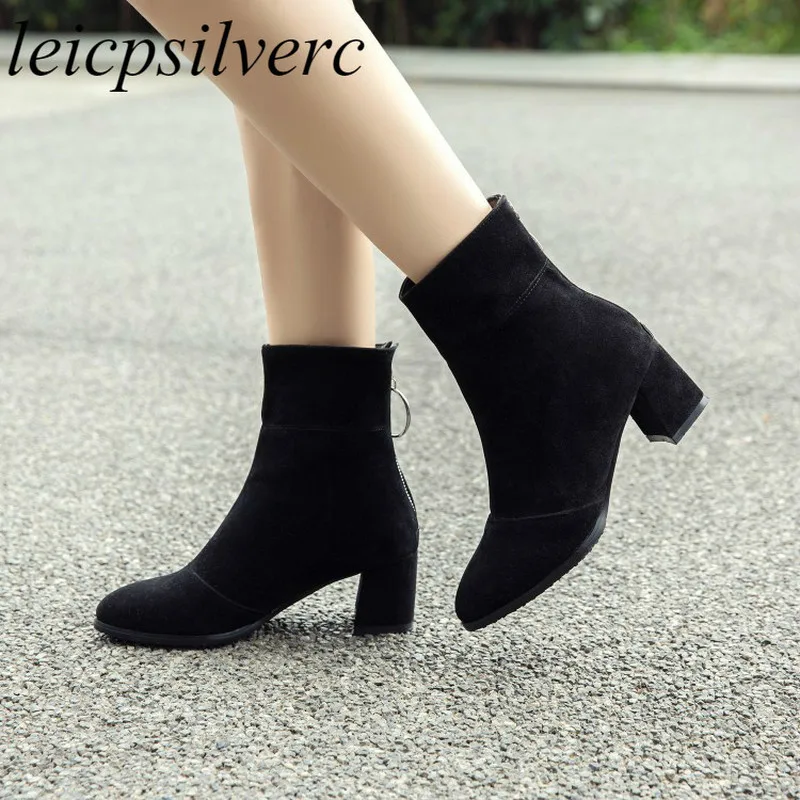 

Women Boots Autumn Winter High Heel Warm Flock Zip Round Toe Ankle Basic Chelsea Shoes 2018 New Sexy Fashion Black Brown Yellow
