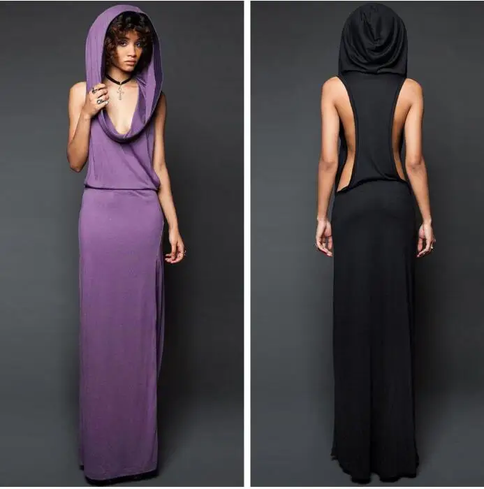 

Sexy Women Fashion S-XL Sleeveless Hoodie Long Dress Cosplay Medieval Renaissance Package Hip Dress Cotton Solid Color Party Dr