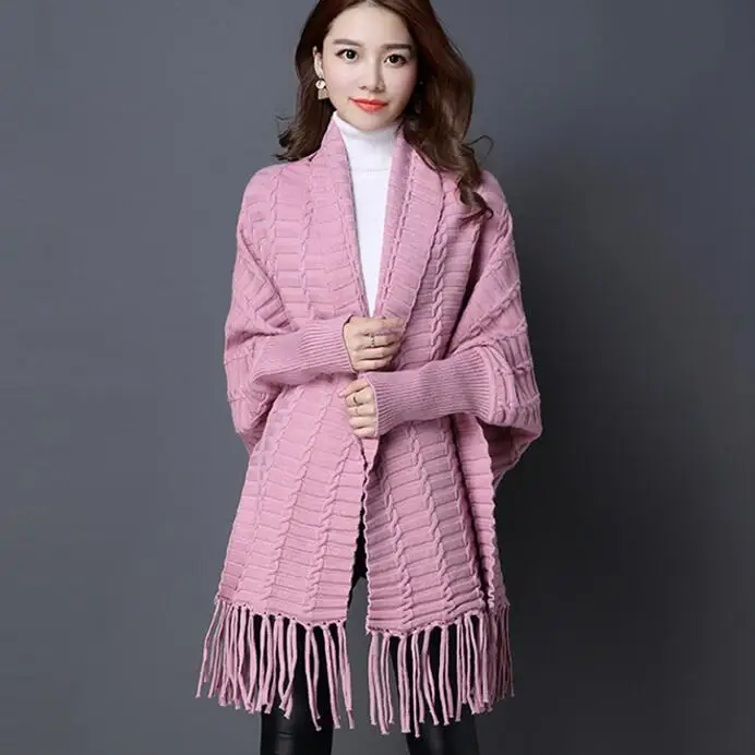 Women Sweaters And Cardigans Tassel Ponchos Capes Knit Long Bat Sleeve Colorful Shawl Female To Wear Wrap Swing Sweater |