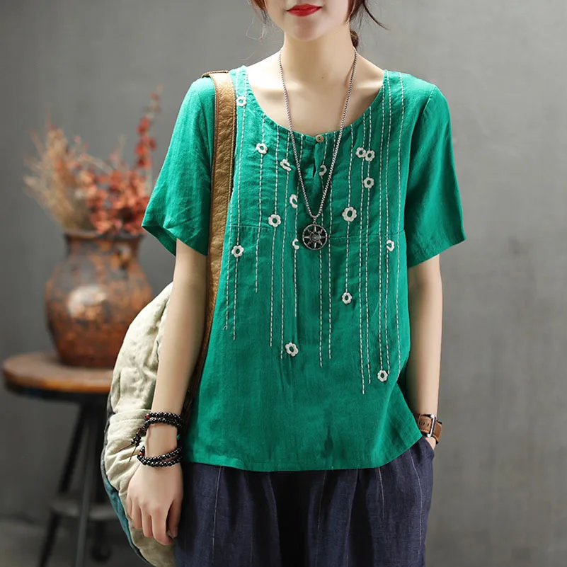 

QPFJQD Ethnic Chinese Style Flower Line Embroidered Blouse Summer Women Short Sleeve Blouse Ladies Girls Pullover Tops Blusa