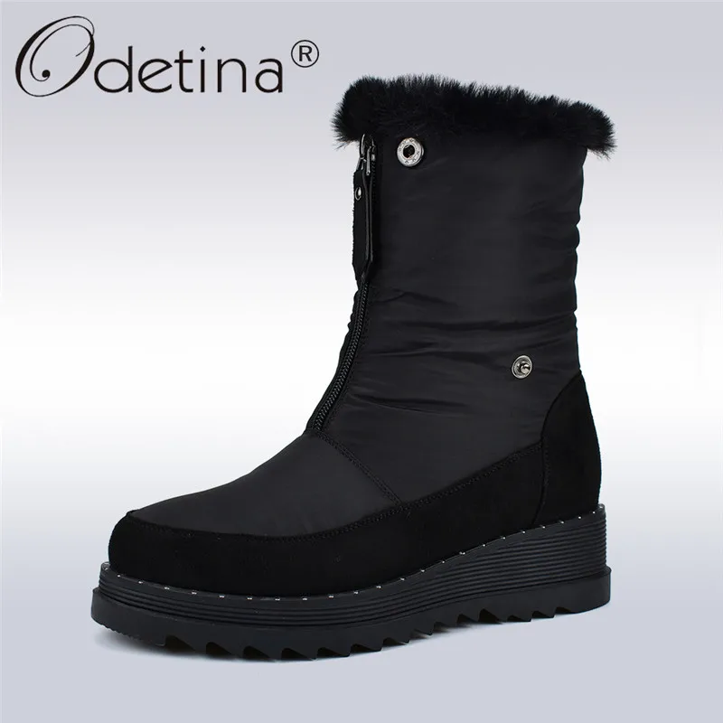 

Odetina Winter Down Women Snow Boots Fashion Infront Zip Platform Flat Patchwork Lady Mid Calf Boots Thick Plush Keep Warm Shoes