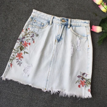 

Summer 2018 New Women Ripped Hole Tassel Light Blue Denim Skirt , Fashion High Waisted Destroyed Embroidery Skirts For Woman