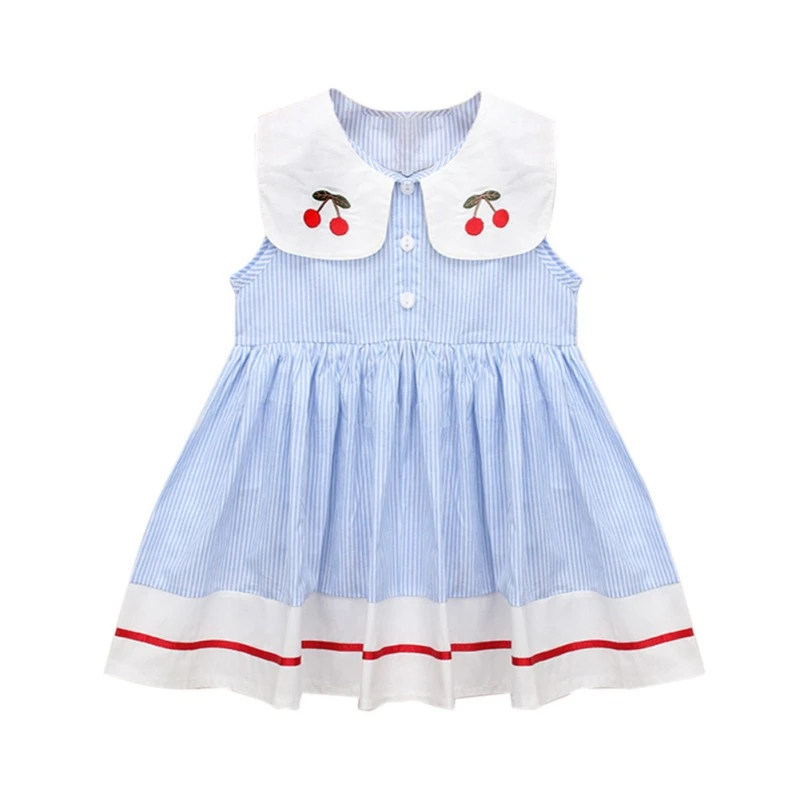 

Baby Girls Sleeveless Peter Pan Collar Casual Dresses Cute Kids Striped Dress Cherry Princess Party Toddler Sleeveless Sundress