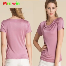 Женские футболки с воротником-хомутом, рубашки из чистого шелка, Женская Повседневная футболка с коротким рукавом, женская летняя одежда