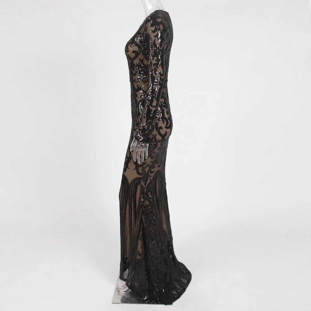 Элегантное платье-макси с длинными рукавами, черные вечерние платья с блестками, стрейч, длина до пола, облегающее платье Макси