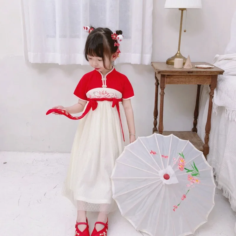 

Summer Wear New Shirt Embroidered Flowers In Chinese Folk Wind Spell Color Antique Hanfu Two-piece Dress Fish Play Lotus Plants