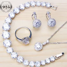 Набор ювелирных изделий из белого циркония и серебра 925, клипсы, серьги для женщин, ожерелье с подвеской, набор колец, свадебные ювелирные изделия, подарочная коробка