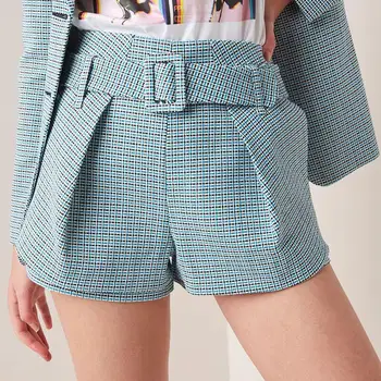 

2019 spring new arrival high waist classic plaid women casual shorts with belt
