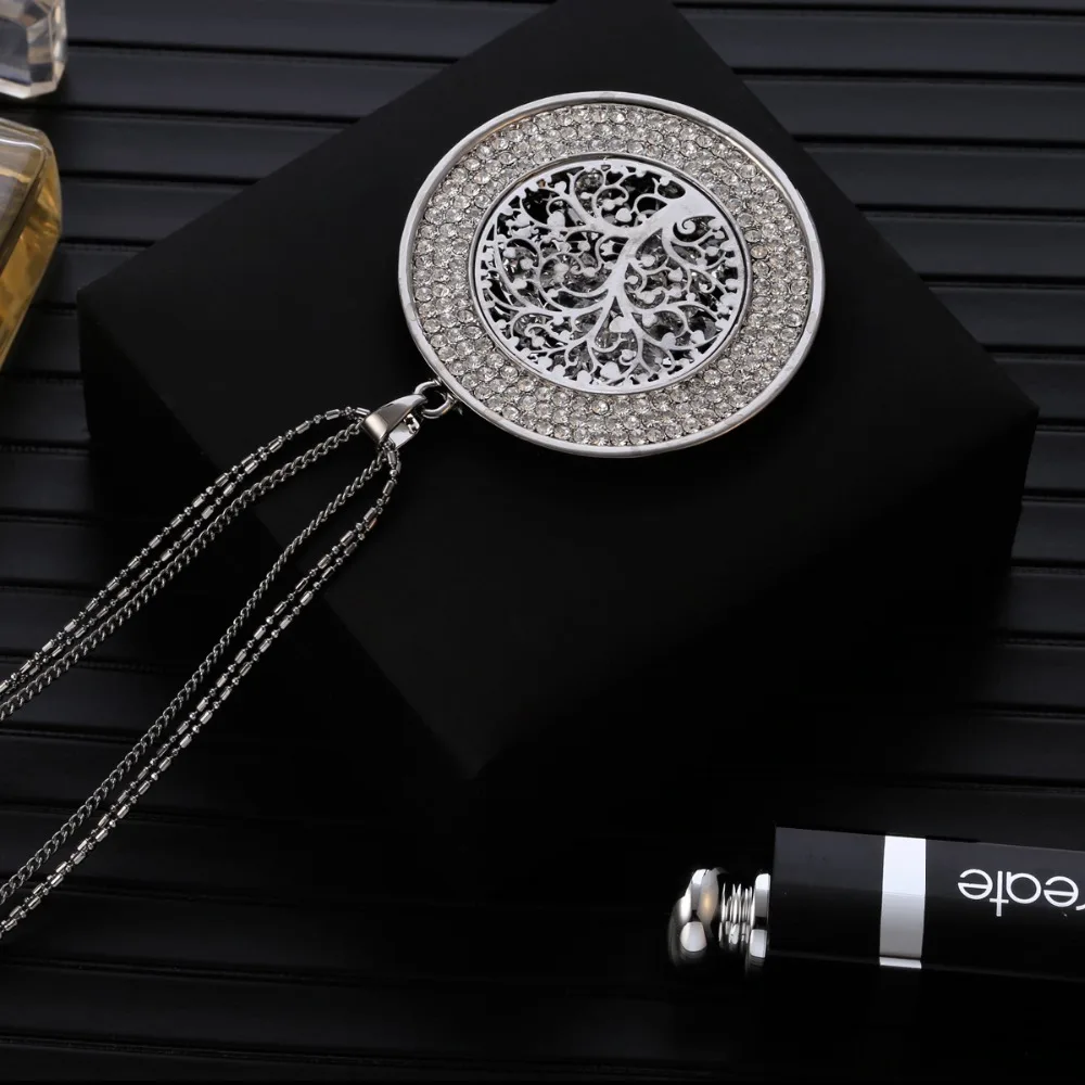 Hollow Inside Crystal Round Tree of life Necklaces& Pendants Long Sweater Chains Crystal Necklace For Women Statement Jewelry