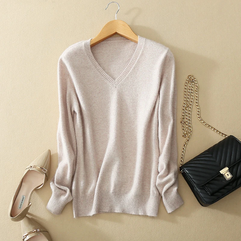 Comprar Suéter cuello en V Mujer moda Otoño Cachemira suéter tejido de lana cuello en V sólido Delgado Sexy suéteres abrigo blusa femenina suéter de punto