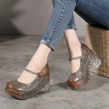 

2019 VALLU Vintage Lady Wedge Shoes Round Toes Women Platform Pumps Strap Genuine Leather Female High Heel Shoes
