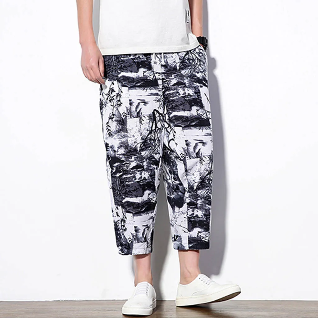 Длина до лодыжки штаны, мужские брюки хип-хоп Jogger Мужская Летняя мода для отдыха в этническом стиле Лен с принтом свободные брюки W417 - Цвет: White