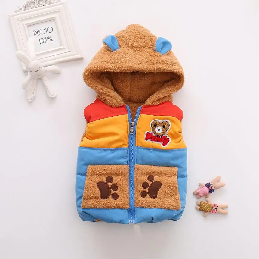 Autumn and winter Boys Baby Kids plus velvet warm thick vest Outerwear Bear Cartoon Hooded Waistcoat Ma3 jia3 Clothes