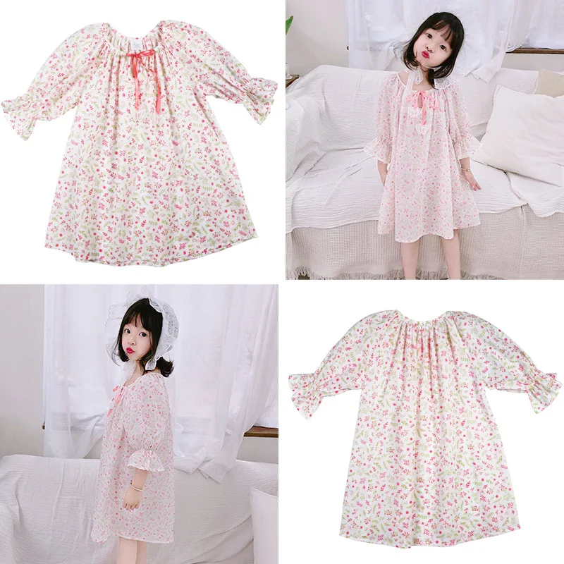 Коллекция года, новое летнее кружевное платье с вышивкой для маленьких девочек Милая Пижама с свободными рукавами HomeWear2-8years хлопковая ночная рубашка для девочек