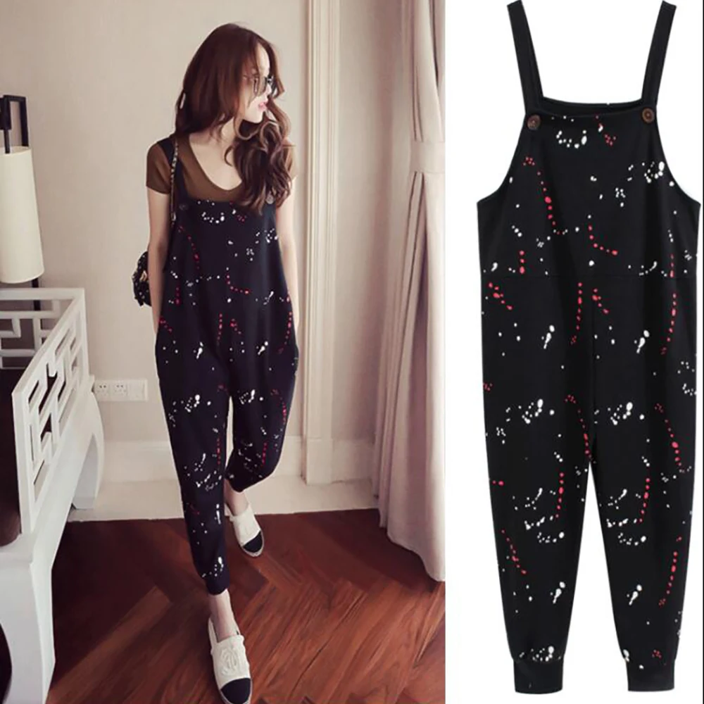 

Plus Size Maternity Bib Pants&Brown T-Shirt Sets Black Pregnancy Trousers Printed Jumpsuits Rompers Clothes For Pregnant Women