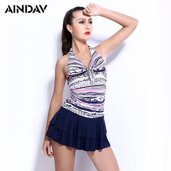 

New !Women's Skirt Style One Piece Swimsuit Horizontal Stripes Pattern Stitching Pleated Skirt Swimsuit X40