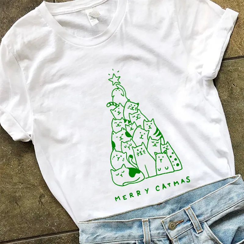 Merry Catmas Funny Print Christmas Tree Women Tshirt Graphic Tees Women