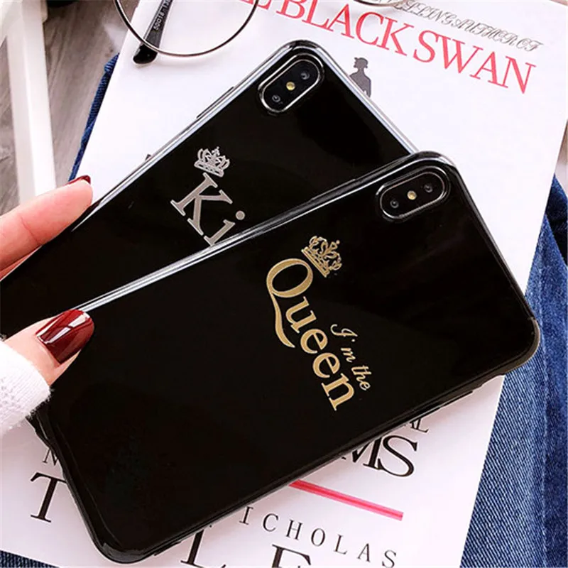 Fashion Cartoon Cute Letter Crown KING QUEEN Patterned Silicone Glossy Case For iPhone X XS MAX XR 6 6S 7 8 Plus Couples Cover