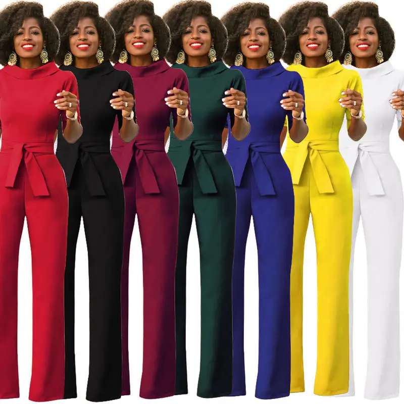 Новый однотонная одежда Комбинезоны для женщин для 2018 s 1/2 рукав воротник длинные широкие брюки однотонная повседневная Вечерние