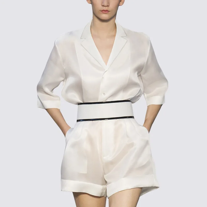 

Summer High-end Shorts Suit Women New Fashion Temperament High Waist Wide Leg Shorts Set Twopiece Sets Lady Outfits Nancylim