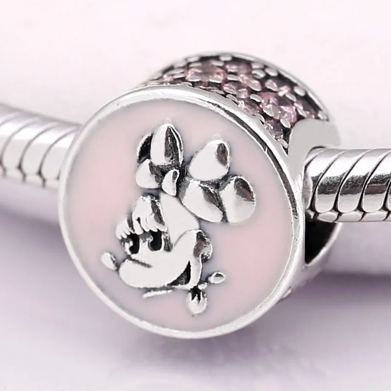 

New Pink Enamel Cartoon Mouse Minnie With Crystal Beads Fit Pandora Bracelet Bangle Diy Jewelry 925 Sterling Silver Bead Charm