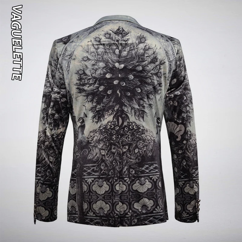 VAGUELETTE Elegant Peacock Print Blazer Men Luxury Men's Fashion Blazer Slim Fit Wedding Party Stage Clothes Singers Coat Men