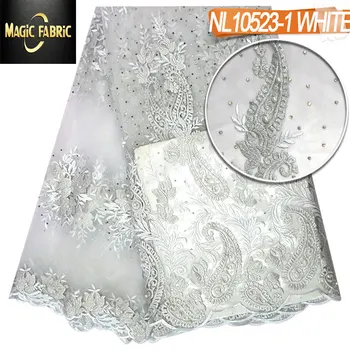 

Hot Selling WHITE Color Mesh Lace Embroidered French Lace Fabric Beads and stones African Nigerian Lace Fabric NL10523