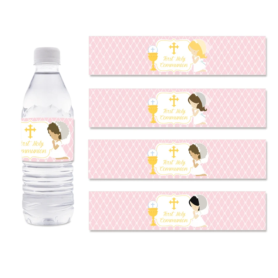 My First Communion Theme Bottle Wrappers Girls Birthday Party Decorations Supplies Holy Communion Decoration 24PCS Bottle Labels