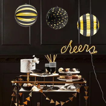 

1pc Black Gold Star Stripe Accordion Pleated Paper Lanterns Hanging Decoration Watermelon Wedding Birthday Shower Party New Year