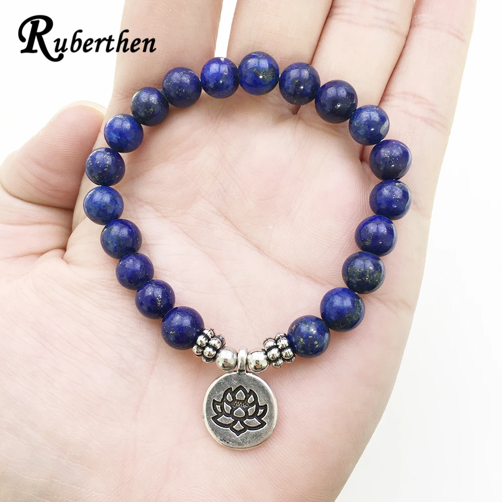 Ruberthen High Quality Lapis Lazuli Bracelet Natural Stone Bead Mens Bracelet Throat Chakra Spiritual Gift for Him