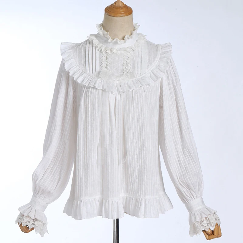 Белая хлопковая и кружевная водолазка с рюшами и рукавом-фонариком, винтажная блуза в стиле Лолиты, Mujer De Moda, блузка для женщин, милая викторианская рубашка