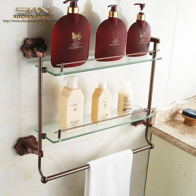 Antique Brass Bathroom Shelf Dual Tiers With Towel Bar Rackbrass