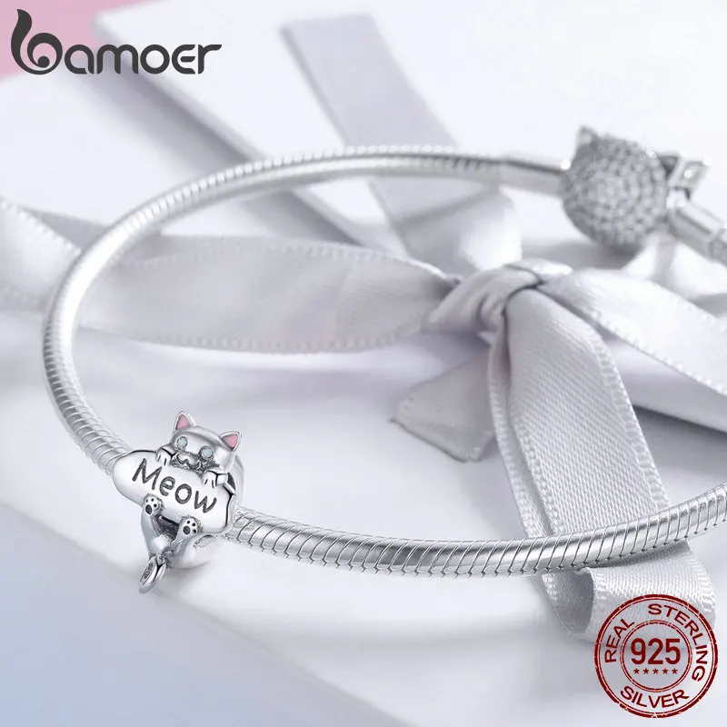 BAMOER Genuine 925 Sterling Silver Naughty Cat Beads Meow Cat Animal Charm fit Charm Bracelet DIY Jewelry Making Gift SCC874