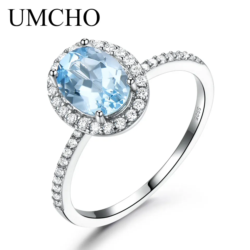 UMCHO Sky Blue Topaz Gemstone Rings For Women Genuine 925 Sterling Silver Ring Oval Romantic Gift Luxury Engagement Jewelry