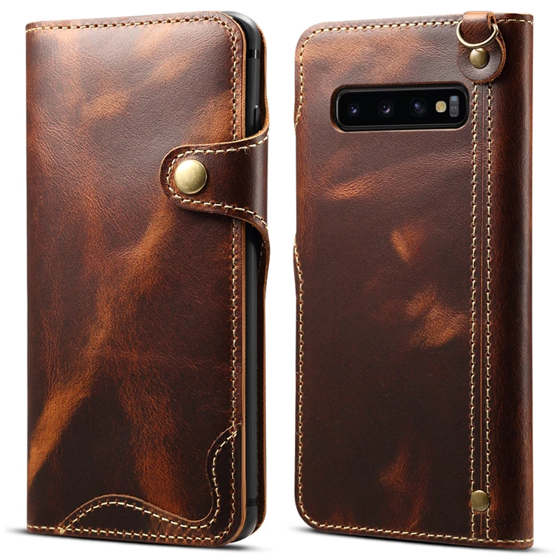  For Samsung S10 S10E Phone Case Retro Oil Wax Cowhide Leather Strap Flip Wallet Card Case Bag Cover