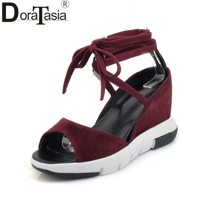 

DoraTasia 2018 Summer New High Quality Natural Suede Women Ankle Wrap Sandals Elegant Platform High Wedges Casual Shoes Woman
