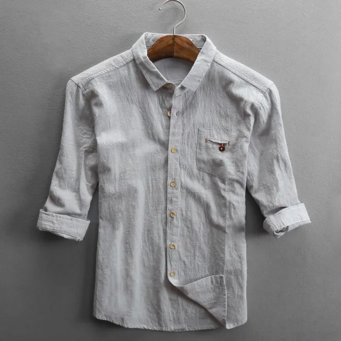 light gray Хлопковые льняные рубашки для мужчин мода лето модное повседневное обтягивающее белое рубашка мужская плюс размер высокая четверть бренд топы Ds50737 - Цвет: light gray