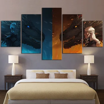 

5 Piece HD Wall Art Cartoon Picture Printed Game of Thrones Movie Dragon Monther Posters Wall Picture for Living Room Decor