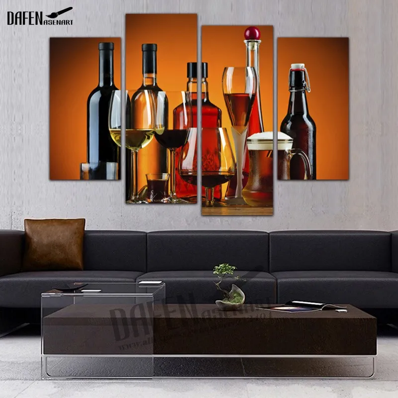 

4 Panel framed Painting Liquor Alcohol Drinks Bottle Glass Cocktail Canvas Print Wall Art Picture for Living Room Home Deco