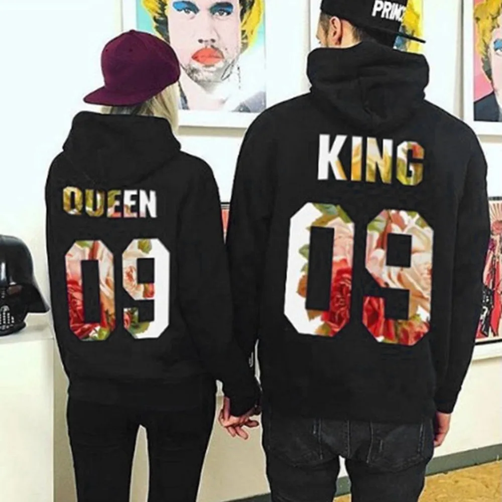 

Couples Outwear Lovers Hoodies Sweat shirts QUEEN KING 09 Printed Tops Women Men Black Pullover Hooded Long Sleeve