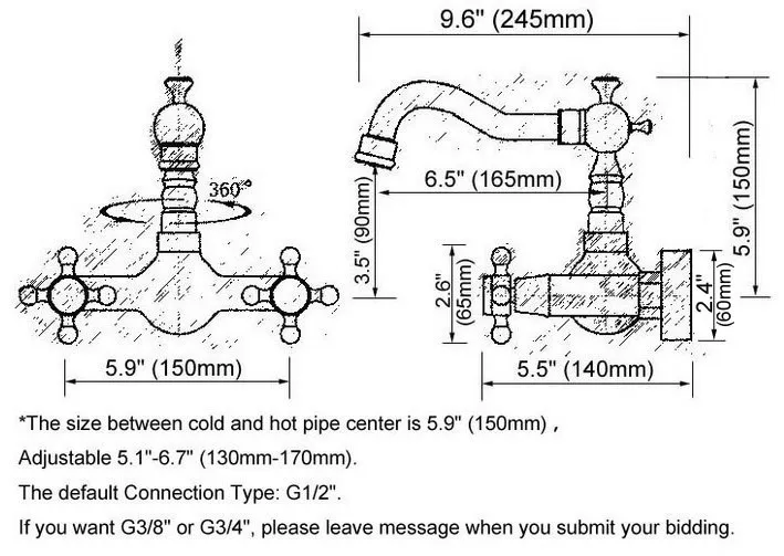 Polished Chrome Brass Wall Mount Bathroom Basin Kitchen Sink Faucet Swivel Spout Mixer Tap Dual Cross Handles Levers anf579