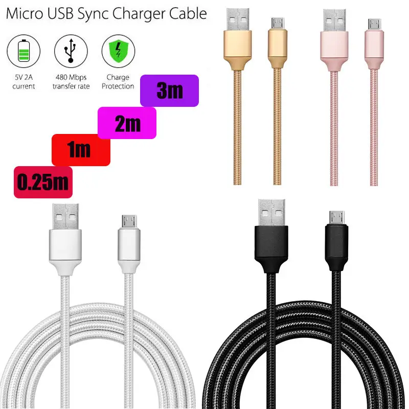 

NEWEST 0.25M 1M 2M 3M Braided Micro USB Fast Data Charger Cable For Redmi Note 4x Android For Samsung S6 S7 For HTC m7