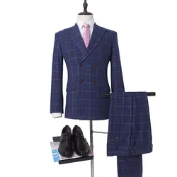 Пользовательские Одежда высшего качества синий плед Стиль Свадебные Для мужчин Костюмы Пиджаки Slim Fit костюм мужской смокинг Бизнес отдыха