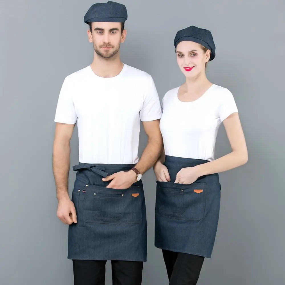 

Cooking Kitchen Denim Apron Half Waist Cowboy Chef Apron Restaurant Work Apron For Catering Woman Men Shop BBQ Barista Free Ship