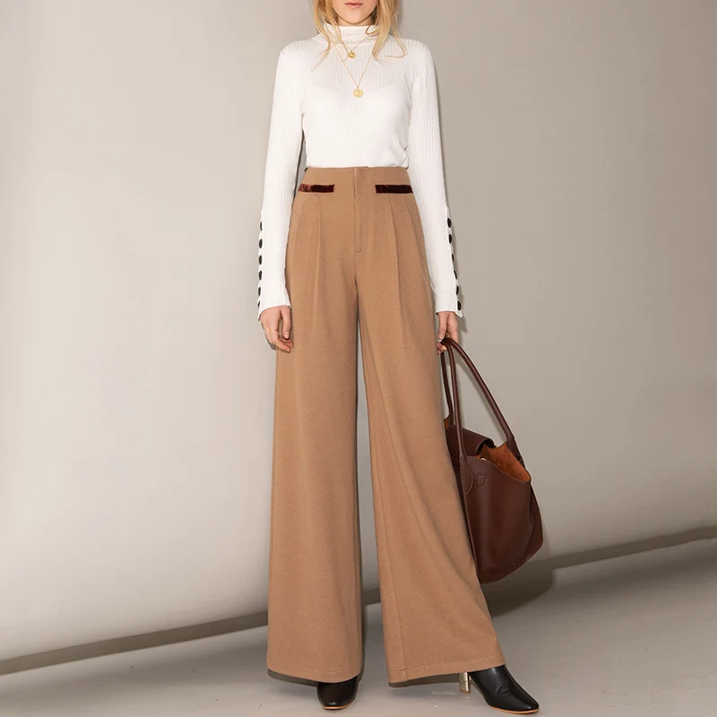 Wide Leg Pants Female 2019 Spring and Autumn New Knitted Long Stretch Casual Pants High Waist Straight Cargo Pants Women