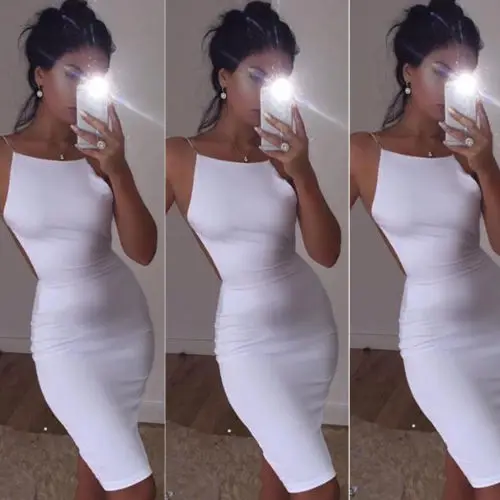 

Trendy Women Sexy Bandage Bodycon White Solid Color Backelss Spaghetti Strap Party Fashion Lady Sleeveless Dress