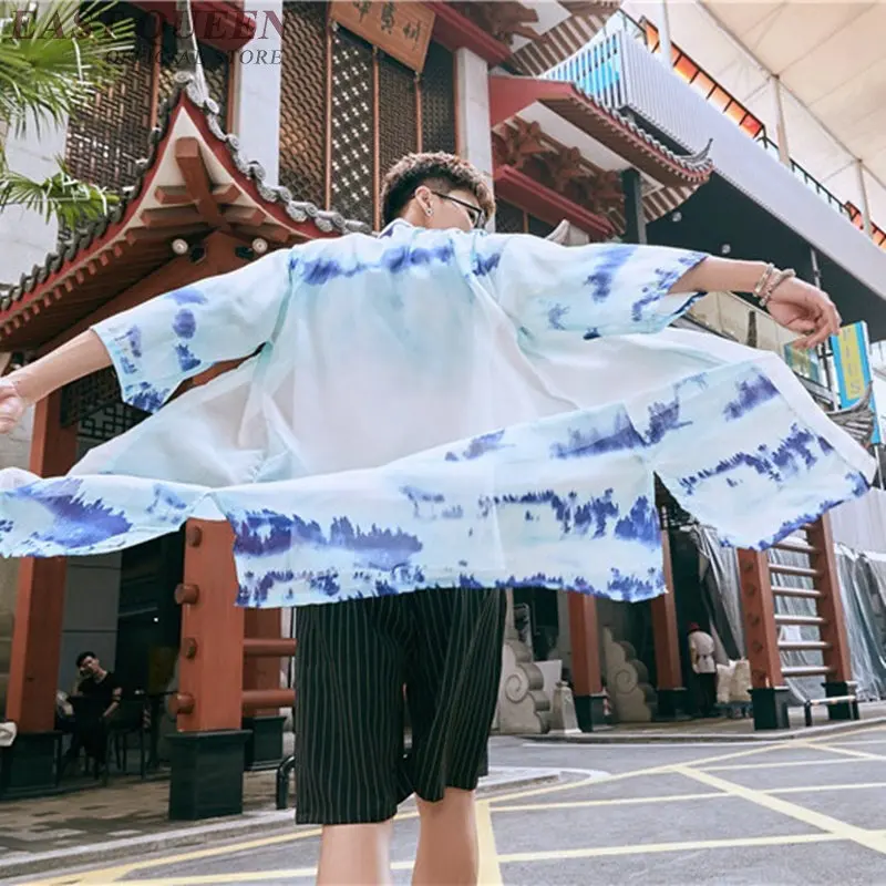 Japanese Kimono Cardigan Men Streetwear Long Shirt Male Boho Asian Clothes Beach Tops Summer Kimonos Yukata Haori FF2171