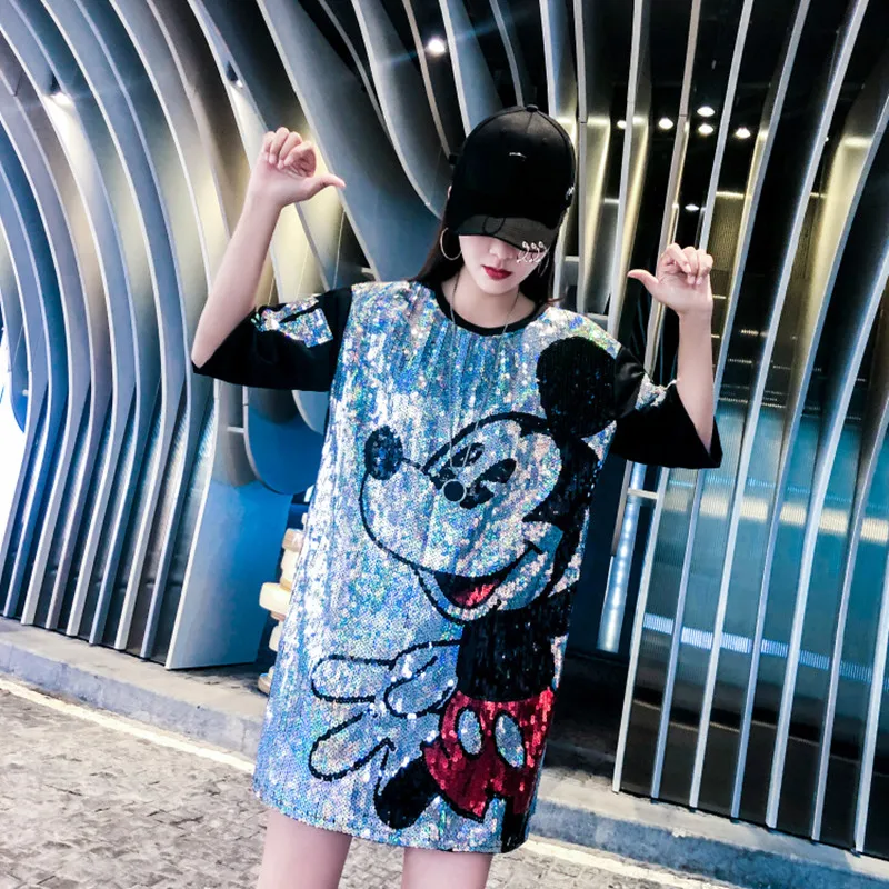 

Korean Summer Sequins Embroidery Loose T-shirt Dress Oversized t shirt Women Casual Cartoon Long t shirts Tee Plus Size T shirt