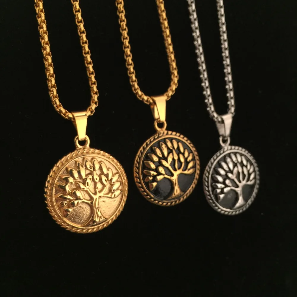 

MCSAYS Fashion Titanium Steel Celtica Tree of Life Pendant Hip Hop 70cm Box Chain Medallion Charm Mens Jewelry